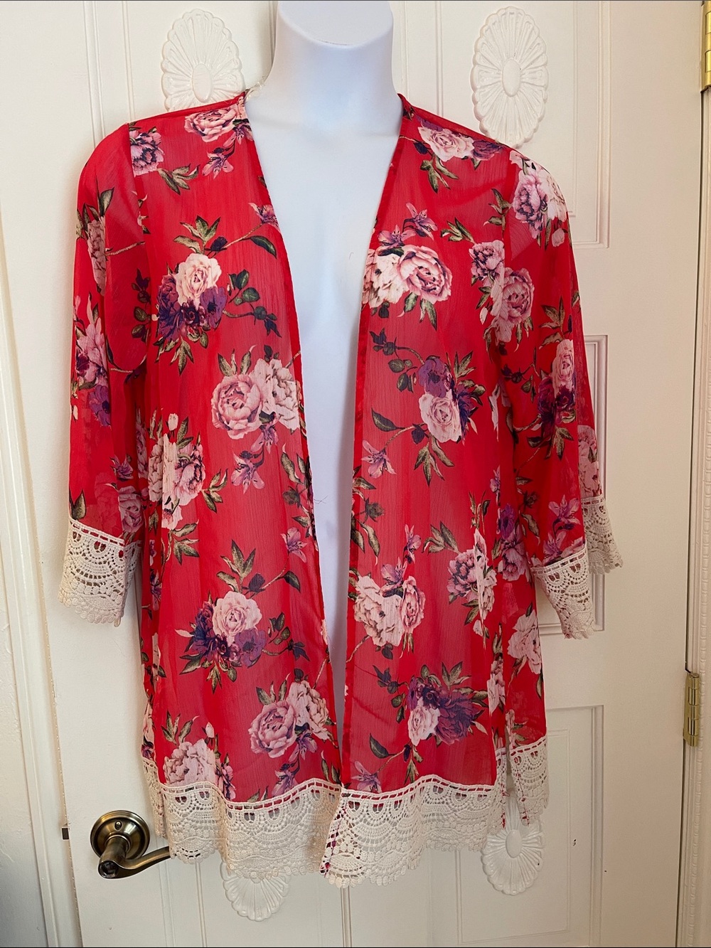 Rewind Red Floral Crochet-Trim Cardigan